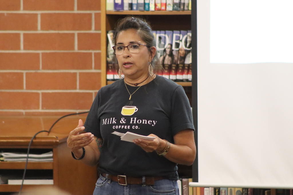 Darlene Morgan Owner of Milk & Honey Coffee Co. speaks with SHMS students.