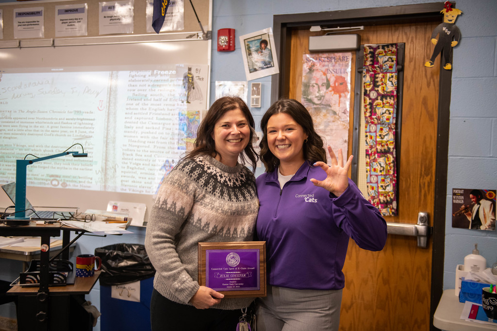 Mackenzie Waggoner, junior in agricultural communications and journalism, right, chose Julie Coulter, language arts teacher at Shawnee Heights High School, left, to receive the Connected ‘Cats Spirit of K-State award.