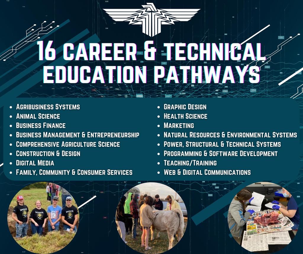 16 Career & Technical Education Pathways. Agribusiness Systems, Animal Science, Business Finance, Business Management & Entrepreneurship, Comprehensive Agriculture Science, Construction & Design, Digital Media, Family, Community & Consumer Services, Graphic Design, Health Science, Marketing, Natural Resources & Environmental Systems, Power, Structural & Technical Systems, Programming & Software Development, Teaching/Training, and Web & Digital Communications 
