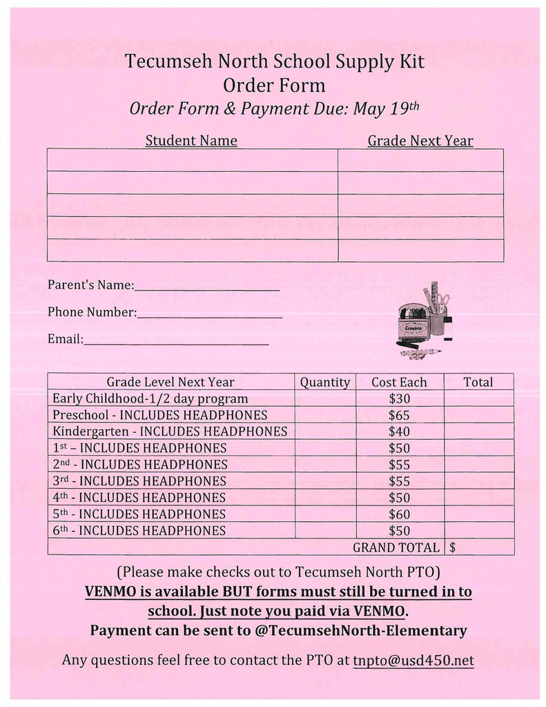 PTO school supply order form